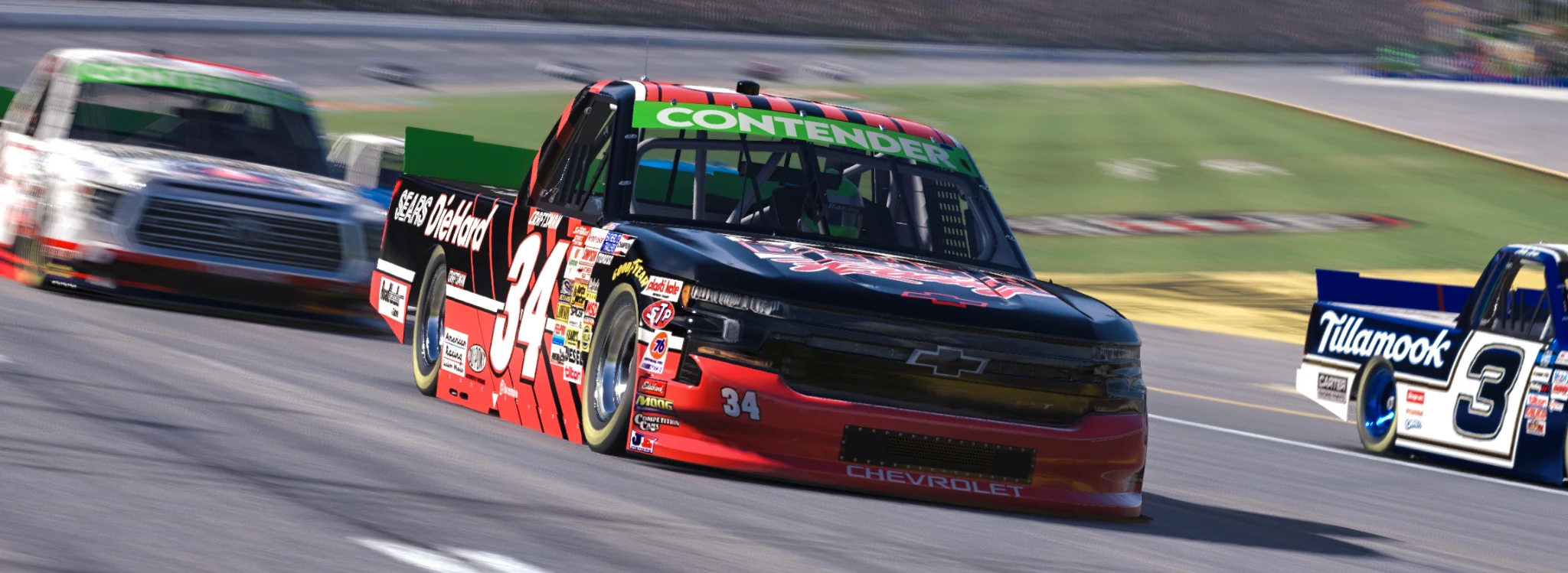 Number 34 Cyber Thunder truck racing alongside other trucks