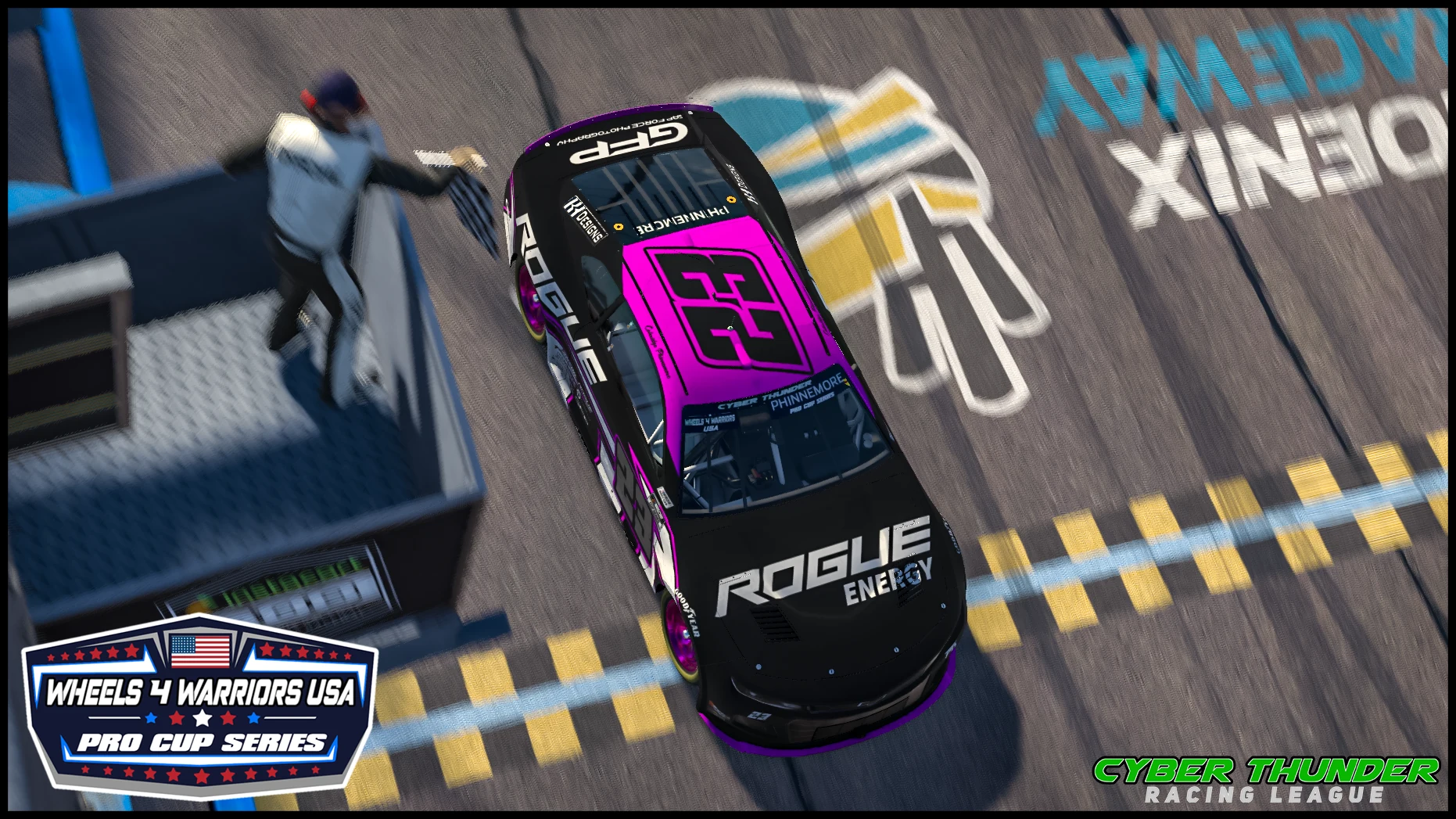 Wheels 4 Warriors USA Pro Cup Series Cyber Thunder car at the finish line